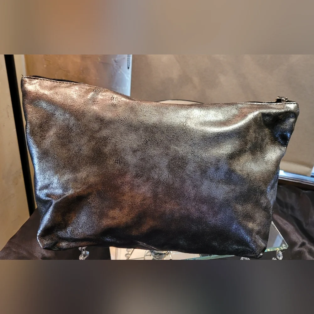 Sondra Roberts Classic Square Black Faux Fur Open Tote Bag + Gunmetal ZipCase